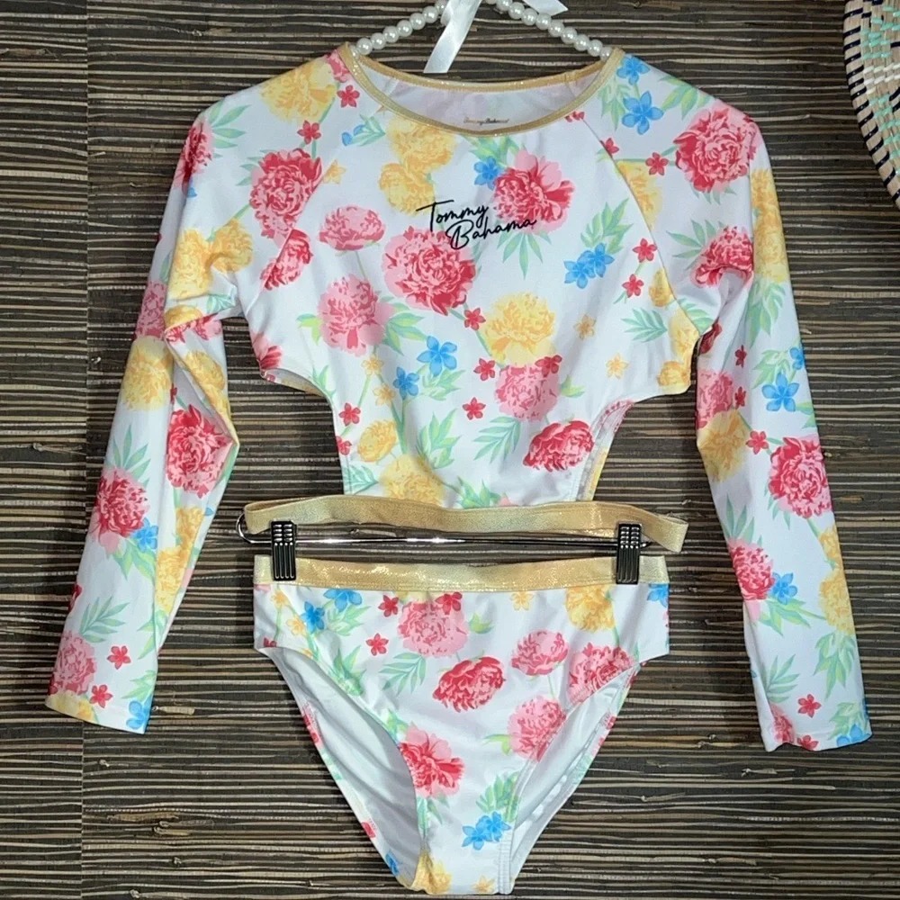 Tommy Bahama 💐 Girls 2-pc Set Sz 14 Floral L/S Rashguard with Gold Trim NEW!